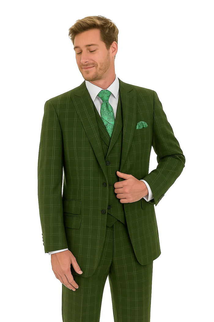 "Olive Windowpane Plaid Men's Double Breasted 2-Button Vest Suit"