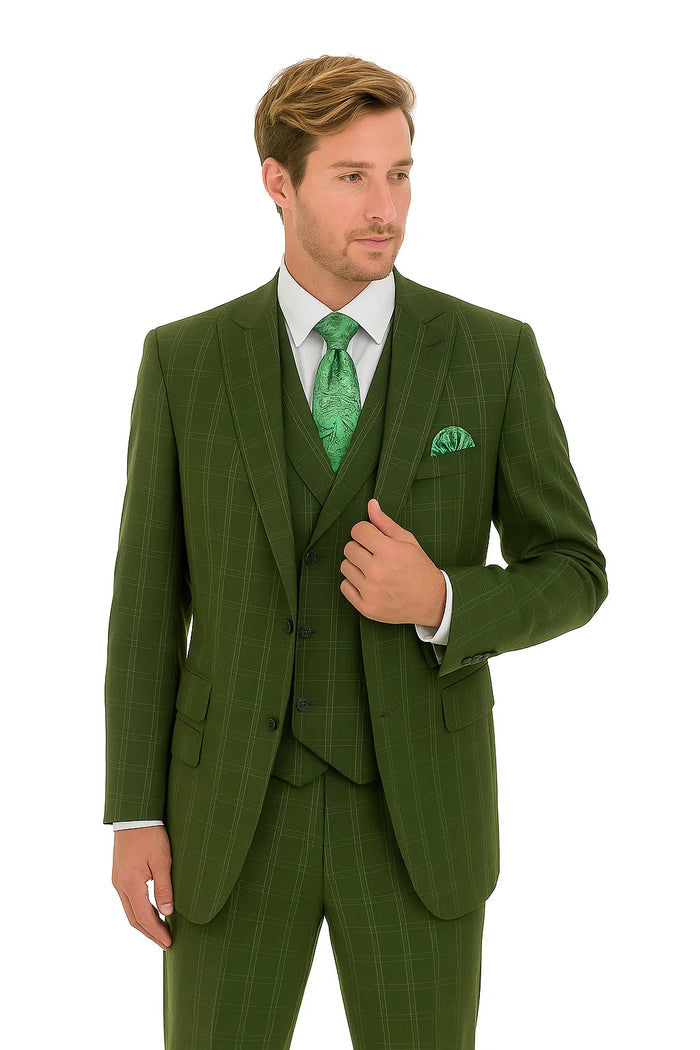 "Olive Windowpane Plaid Men's Double Breasted 2-Button Vest Suit"