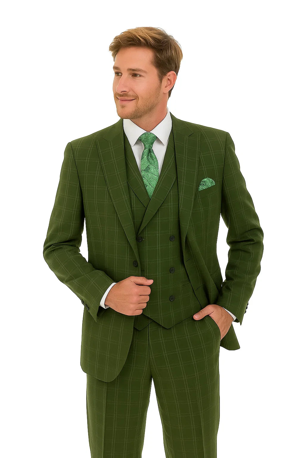 "Olive Windowpane Plaid Men's Double Breasted 2-Button Vest Suit" - 38 Long