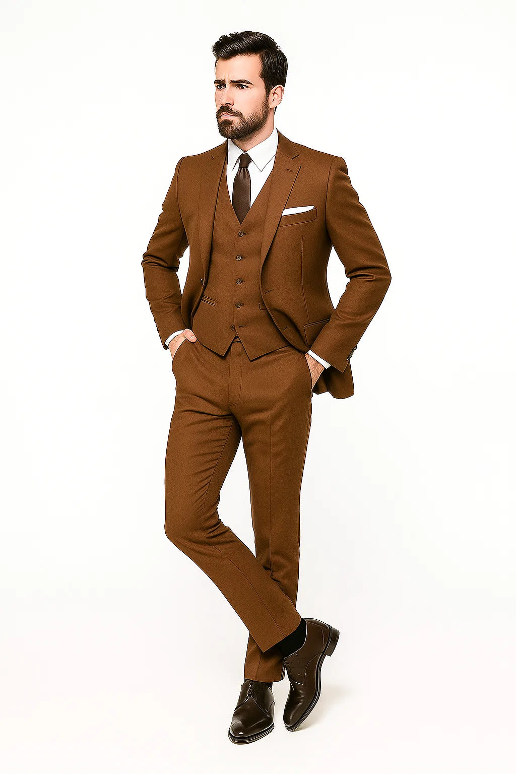 Mens Ryan Gosling La La Land Cognac Vested Suit - 38 Short Jacket+32 Waist Adjustable 28to34)(Height: 5 4 to5 7 )(Neck  15-16.5)S-M)