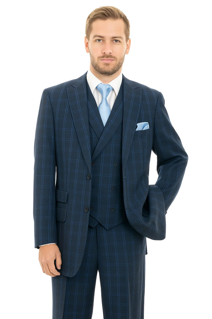 "Windopane Plaid Navy Vest Suit - Men's Double Breasted 2 Button"