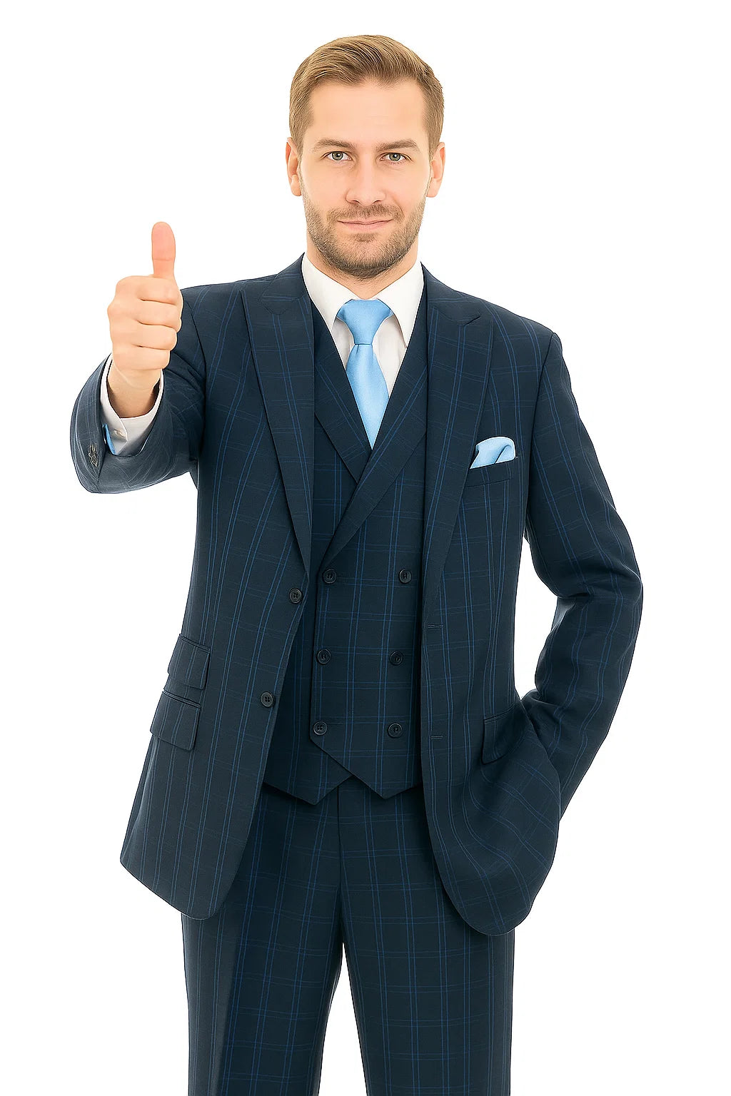 "Windopane Plaid Navy Vest Suit - Men's Double Breasted 2 Button" - 38 Long