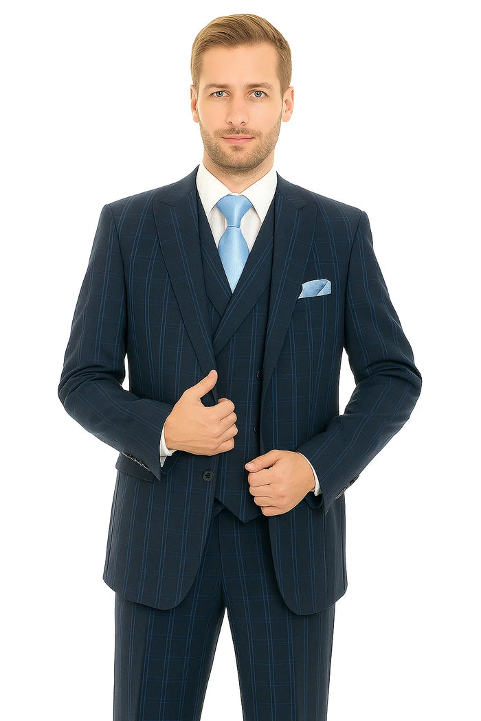 "Windopane Plaid Navy Vest Suit - Men's Double Breasted 2 Button"