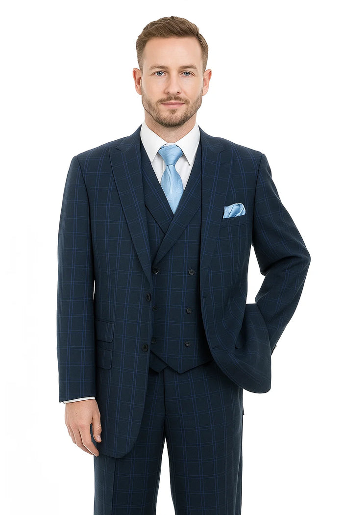 "Windopane Plaid Navy Vest Suit - Men's Double Breasted 2 Button"