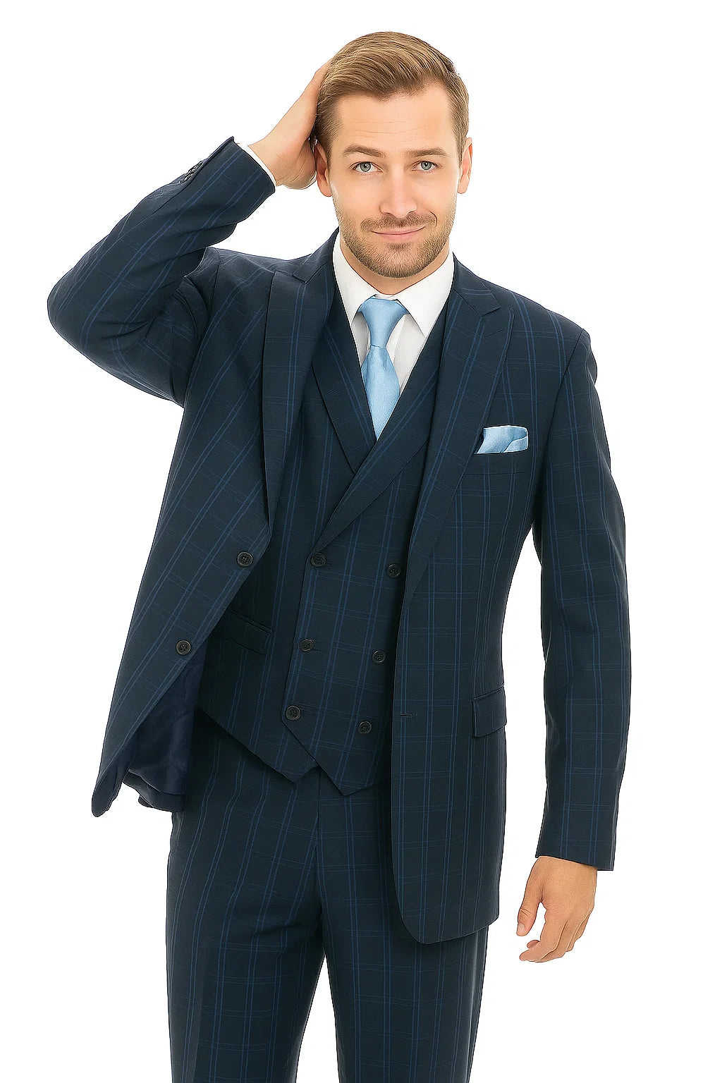 "Windopane Plaid Navy Vest Suit - Men's Double Breasted 2 Button" - 38 Long