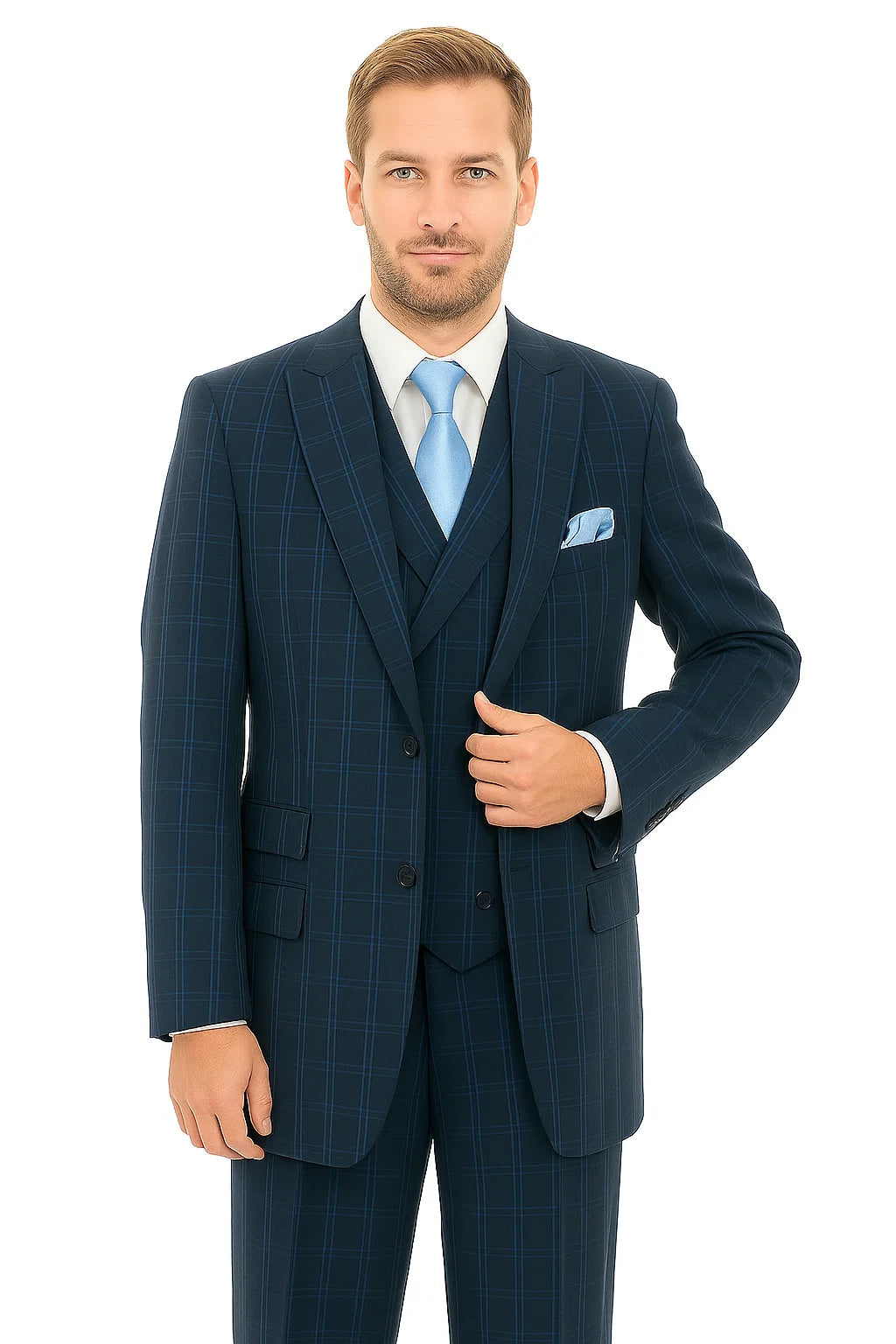 "Windopane Plaid Navy Vest Suit - Men's Double Breasted 2 Button" - 38 Long