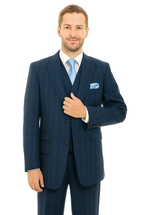 "Windopane Plaid Navy Vest Suit - Men's Double Breasted 2 Button"