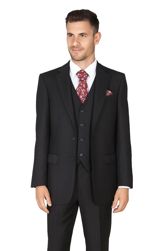 "Black Pinstripe Wool Feel Men's Suit - 2 Button Vested by Tonal"
