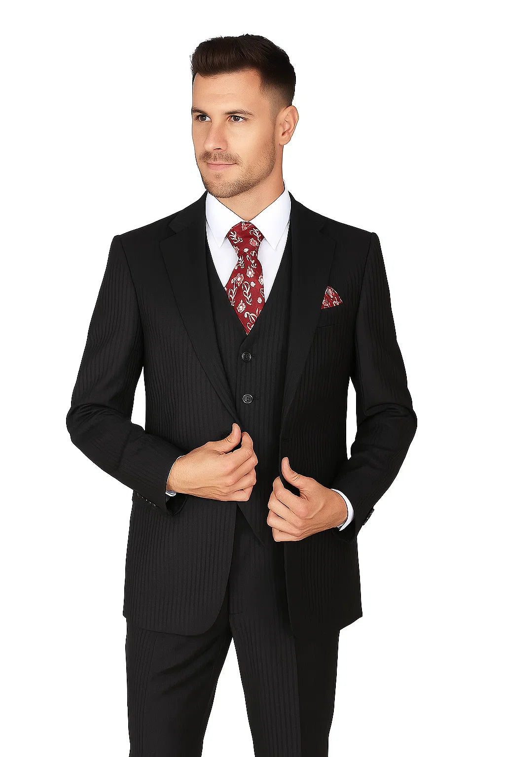 "Black Pinstripe Wool Feel Men's Suit - 2 Button Vested by Tonal" - 38 Long