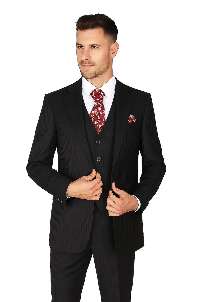 "Black Pinstripe Wool Feel Men's Suit - 2 Button Vested by Tonal"