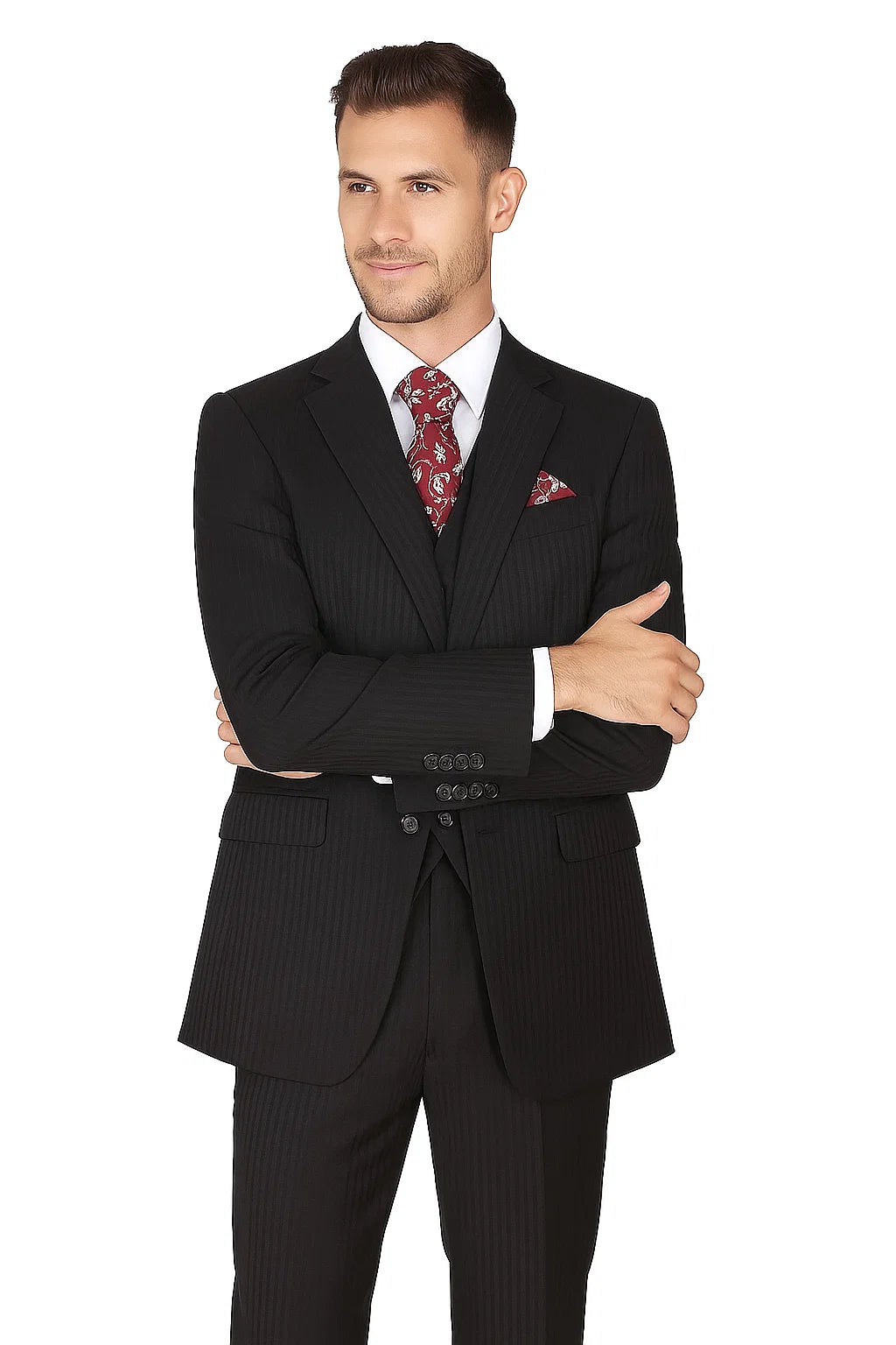 "Black Pinstripe Wool Feel Men's Suit - 2 Button Vested by Tonal" - 38 Long