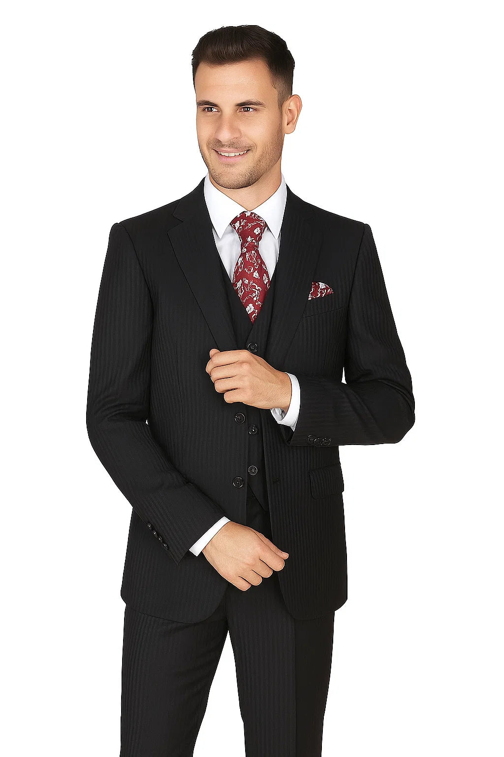"Black Pinstripe Wool Feel Men's Suit - 2 Button Vested by Tonal" - 38 Long