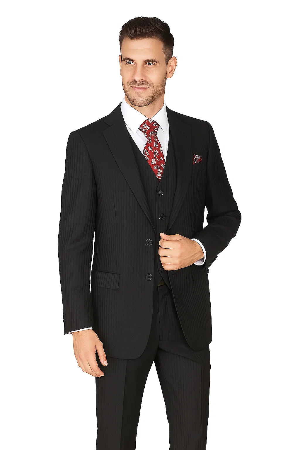 "Black Pinstripe Wool Feel Men's Suit - 2 Button Vested by Tonal" - 38 Long
