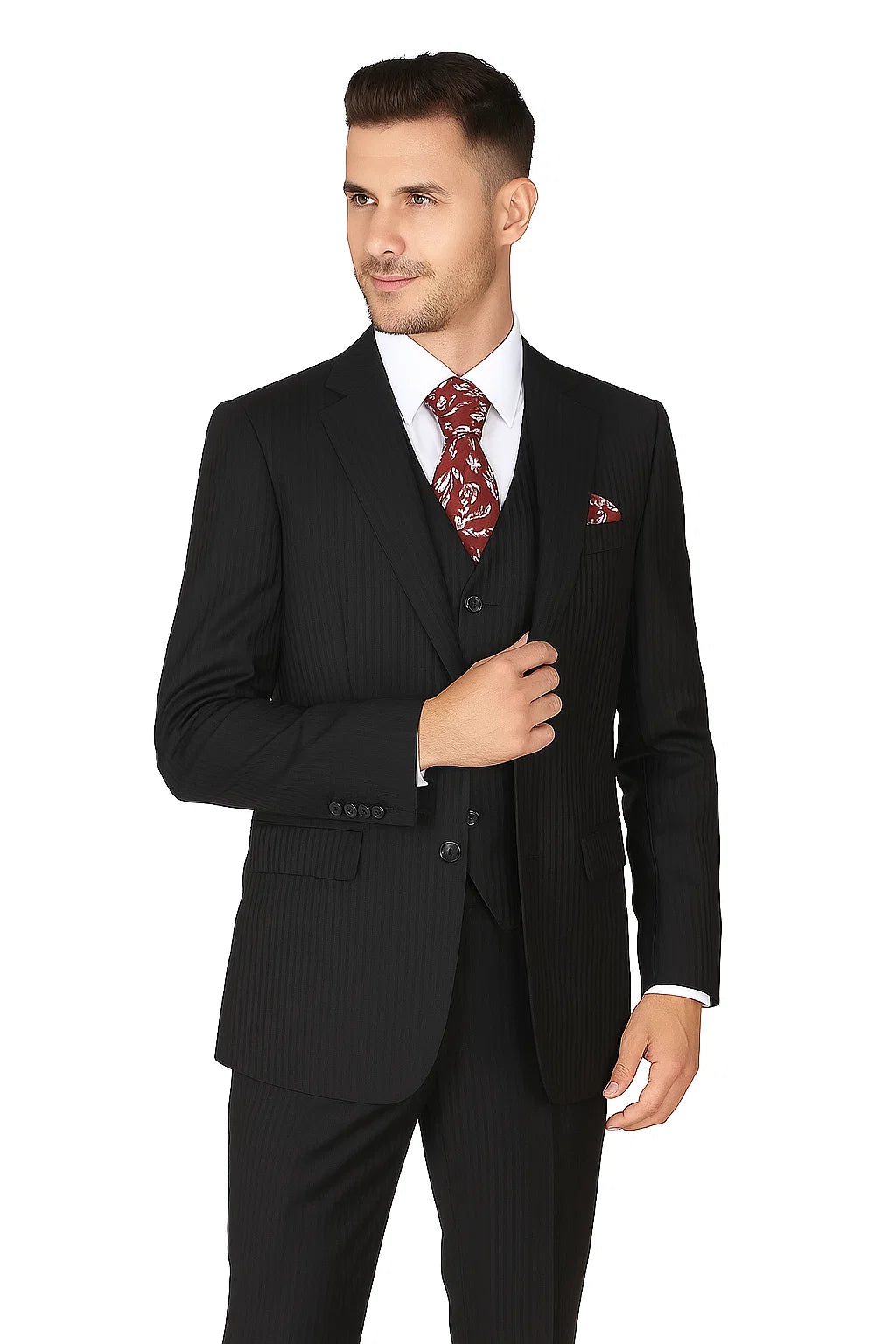 "Black Pinstripe Wool Feel Men's Suit - 2 Button Vested by Tonal" - 38 Long