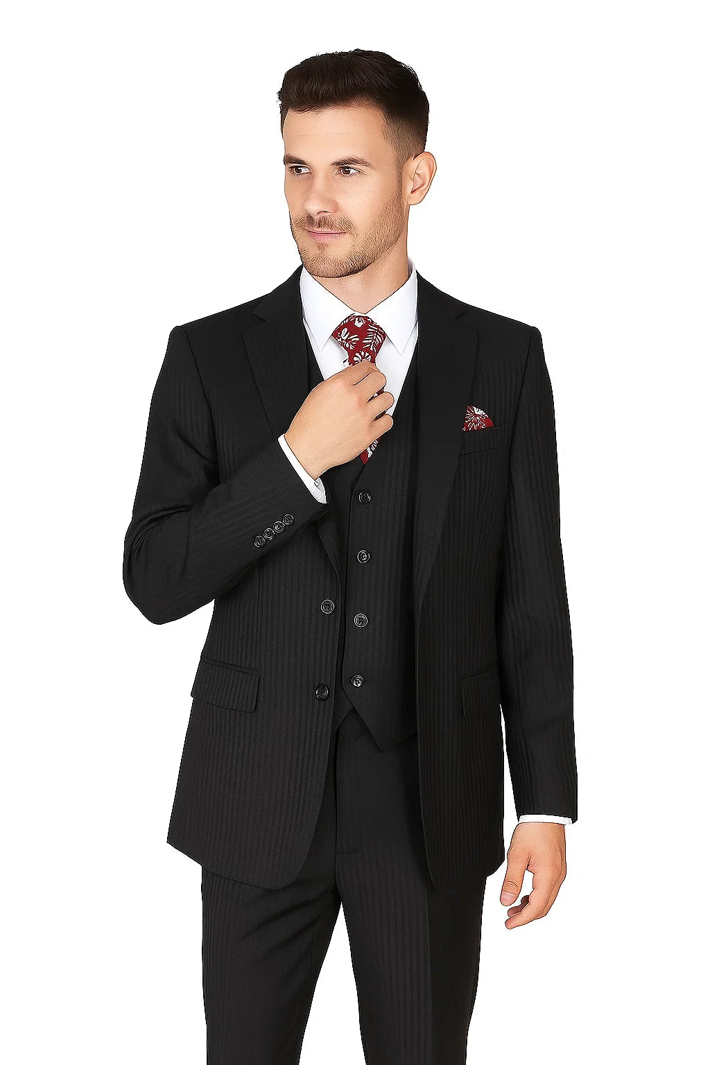 "Black Pinstripe Wool Feel Men's Suit - 2 Button Vested by Tonal" - 38 Long