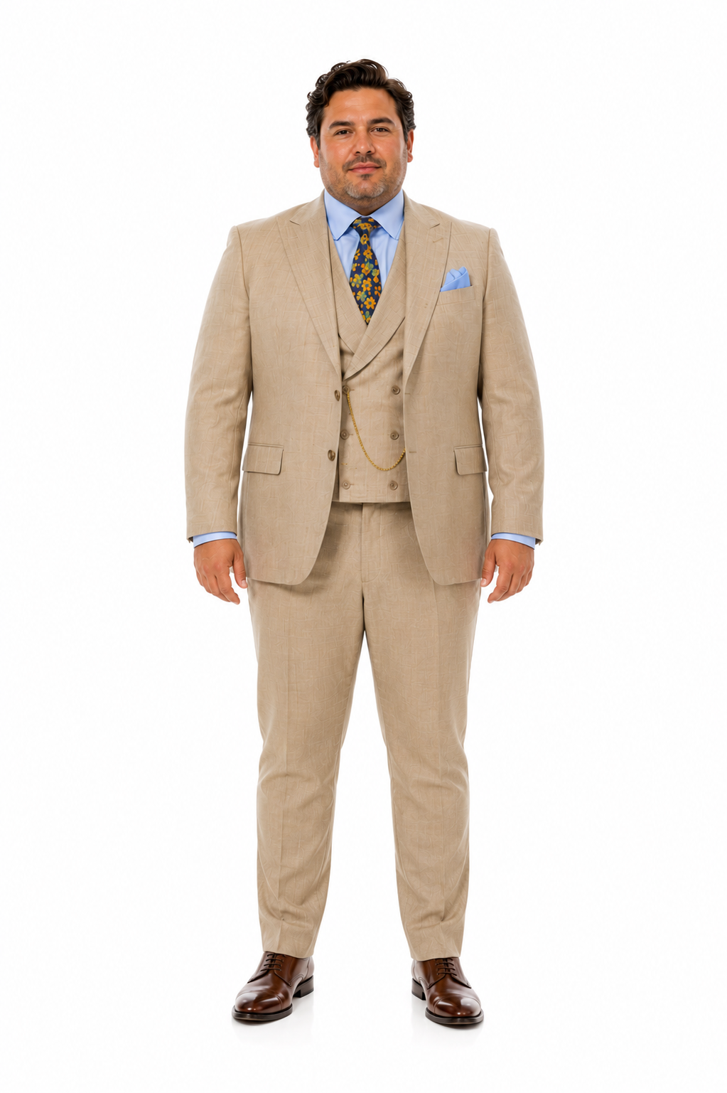 Taupe Modern Fit 3-Piece Suit with Lapel Vest & Adjustable Pants