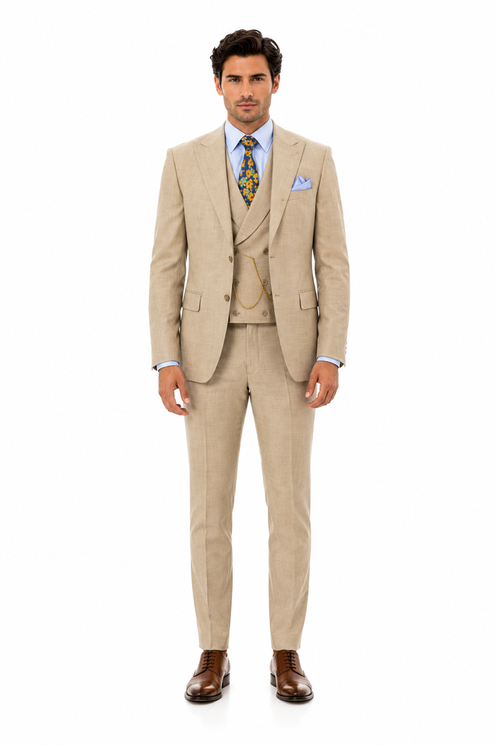 Taupe Modern Fit 3-Piece Suit with Lapel Vest & Adjustable Pants