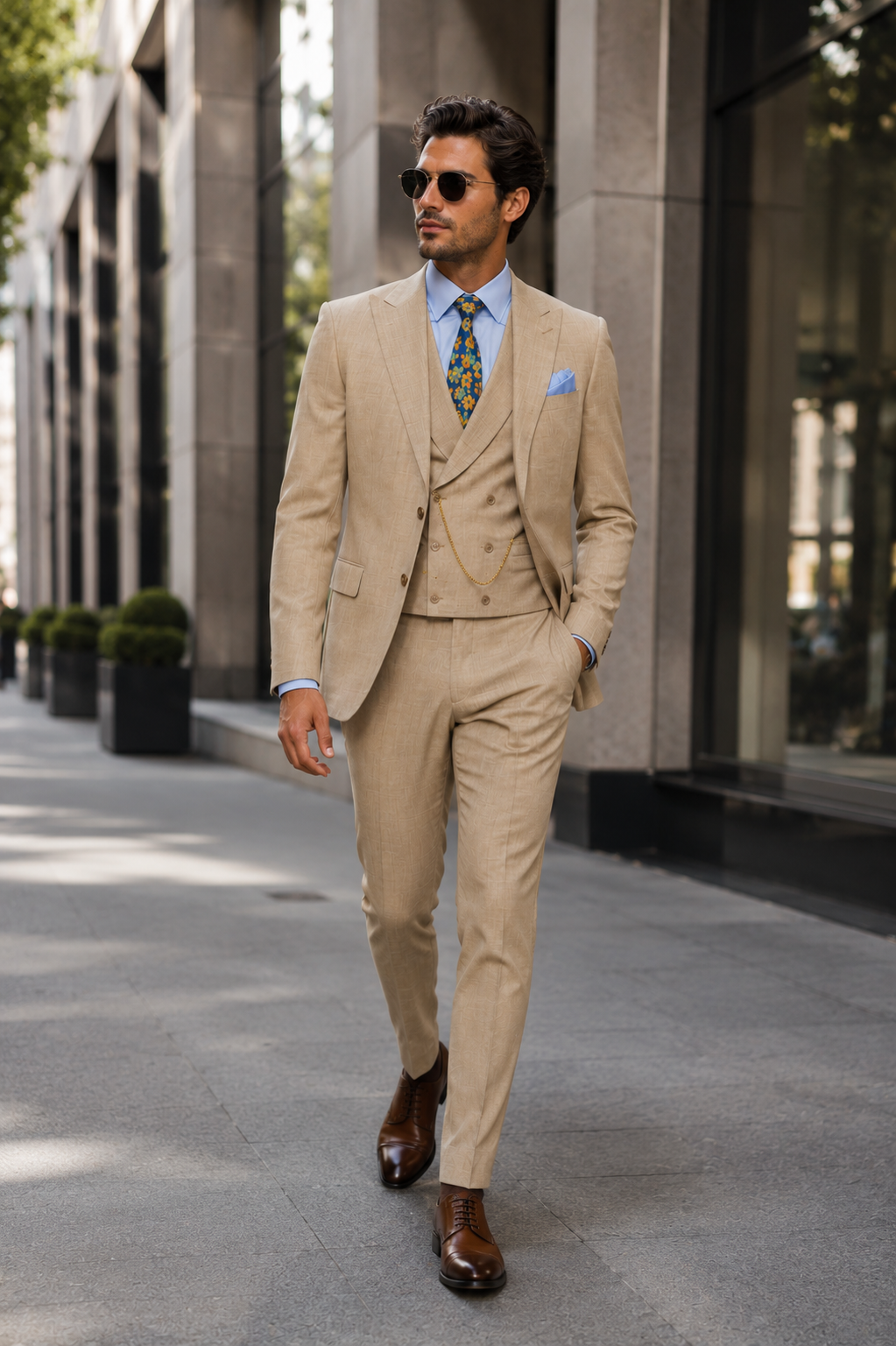 Taupe Modern Fit 3-Piece Suit with Lapel Vest & Adjustable Pants