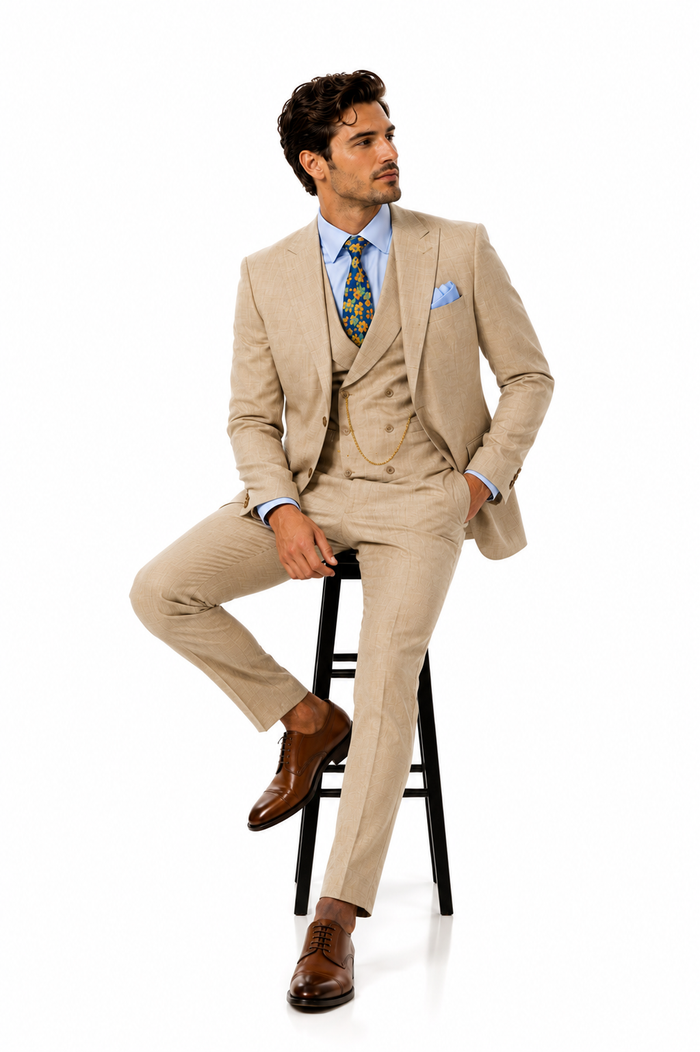 Taupe Modern Fit 3-Piece Suit with Lapel Vest & Adjustable Pants