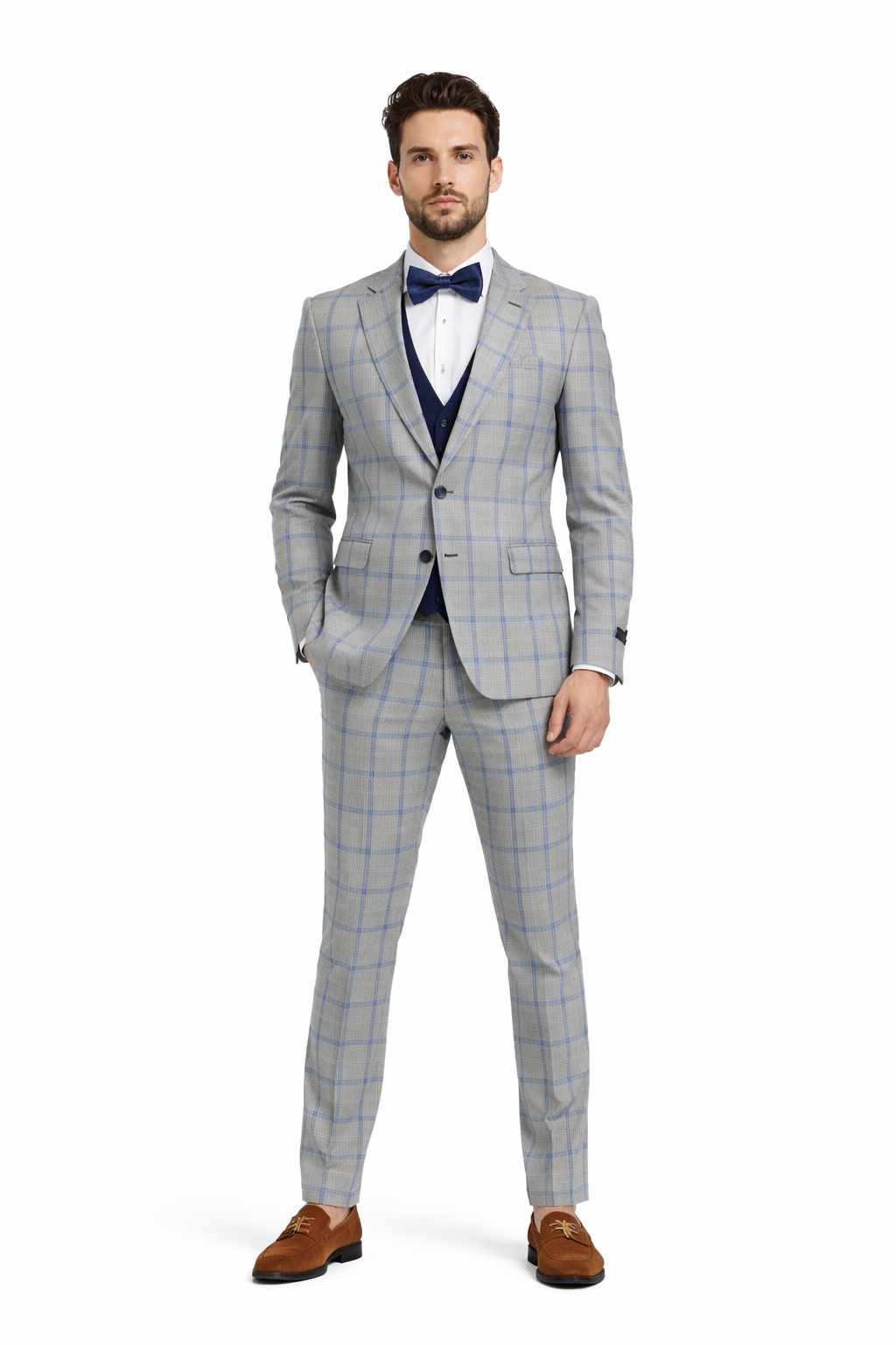 Tazio Men's Skinny Fit 4 Piece Suit Bold Windowpane Plaid