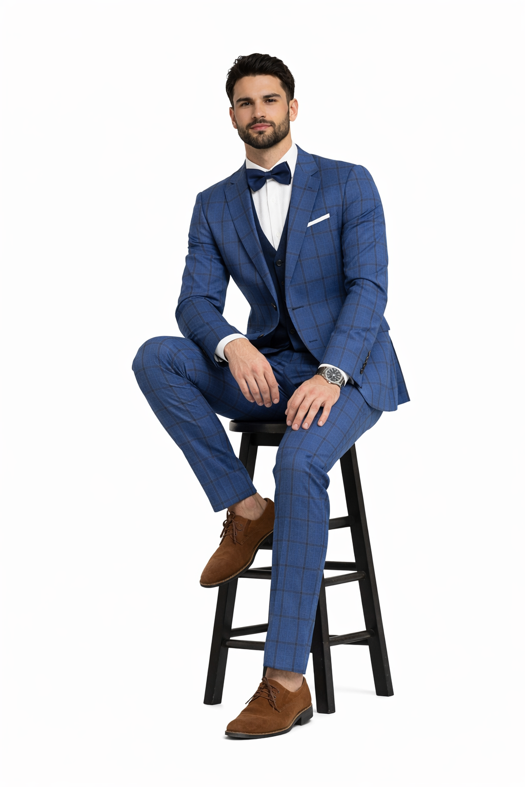 Tazio Men's Skinny Fit 4 Piece Suit Bold Windowpane Plaid - 38 Short Jacket+32 Waist Adjustable 28to34)(Height: 5 4 to5 7 )(Neck  15-16.5)S-M)