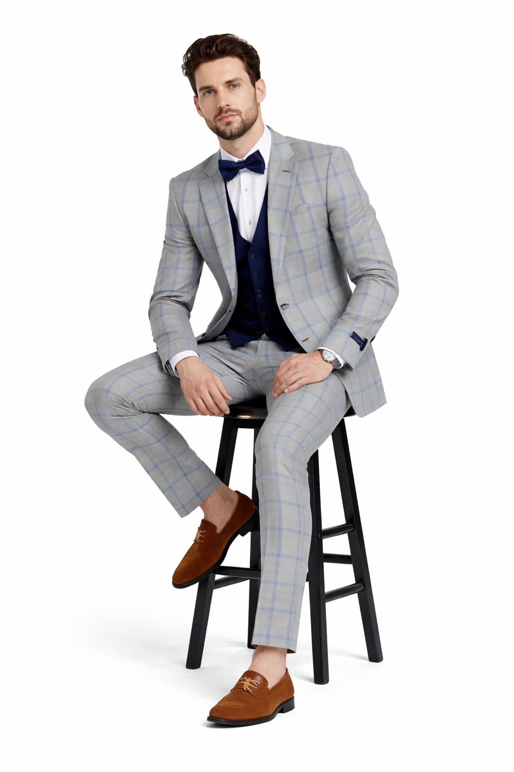 Tazio Men's Skinny Fit 4 Piece Suit Bold Windowpane Plaid - 38 Short Jacket+32 Waist Adjustable 28to34)(Height: 5 4 to5 7 )(Neck  15-16.5)S-M)