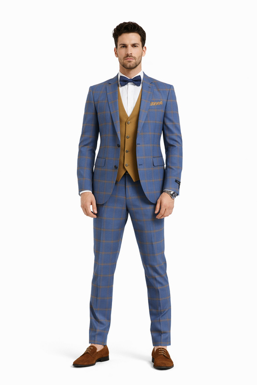 Tazio Men's Skinny Fit 4 Piece Suit Bold Windowpane Plaid