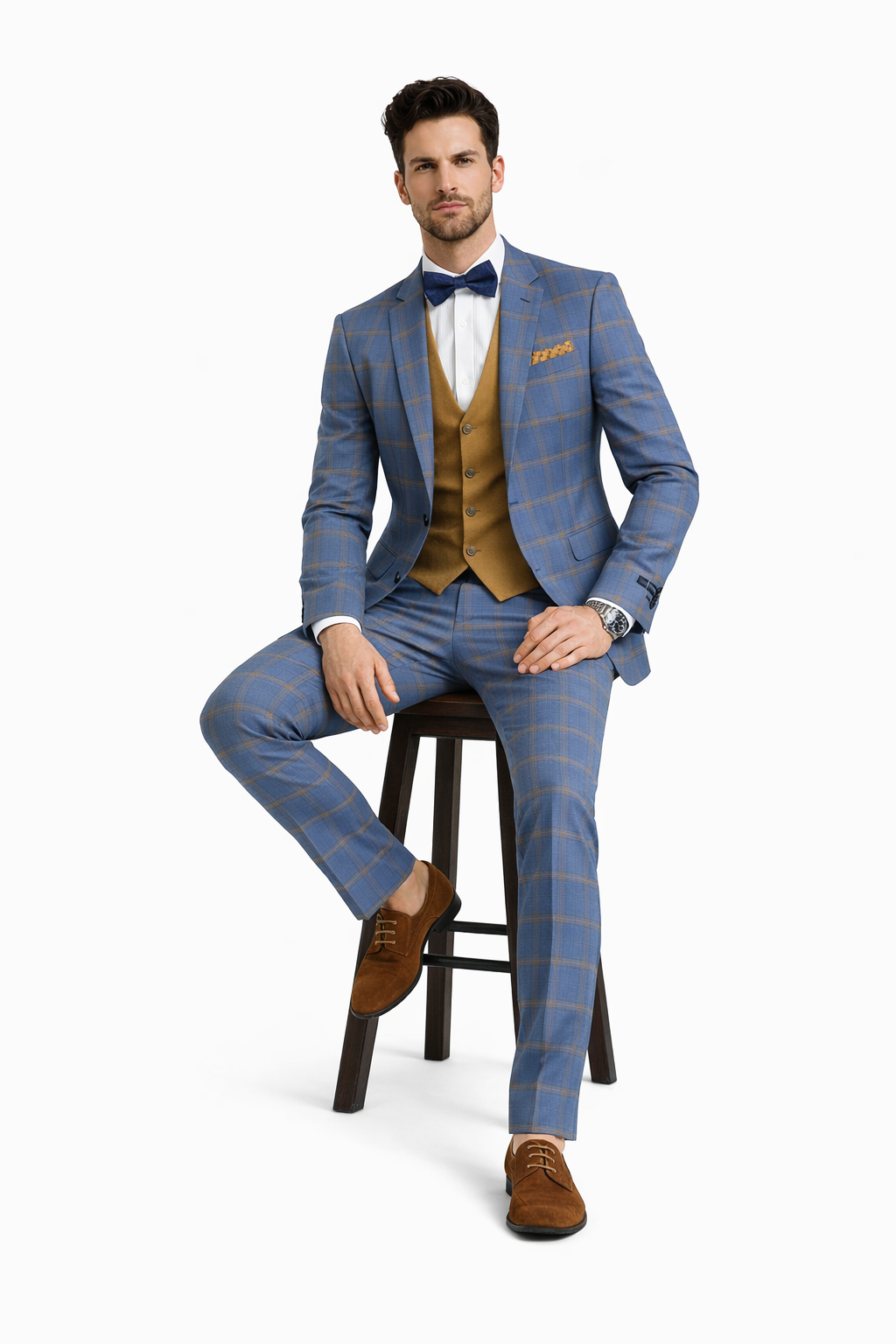 Tazio Men's Skinny Fit 4 Piece Suit Bold Windowpane Plaid - 38 Short Jacket+32 Waist Adjustable 28to34)(Height: 5 4 to5 7 )(Neck  15-16.5)S-M)