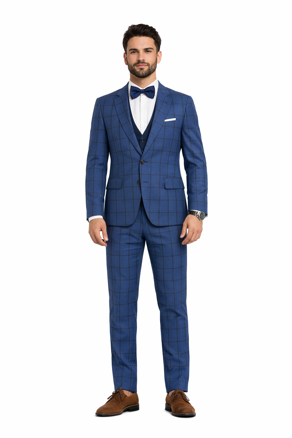 Tazio Men's Skinny Fit 4 Piece Suit Bold Windowpane Plaid - 38 Short Jacket+32 Waist Adjustable 28to34)(Height: 5 4 to5 7 )(Neck  15-16.5)S-M)