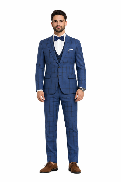 Tazio Men's Skinny Fit 4 Piece Suit Bold Windowpane Plaid