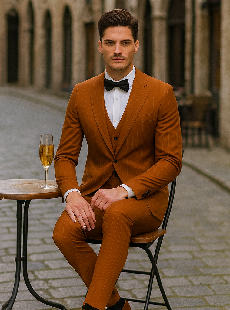Terracotta Orange Pinstripe Suit for Men – Tazzio Skinny Fit Modern Suit - 58 Long or 58 Regular Jacket+52/54 Adjustable Pants (Fabric: poly/rayon blend)