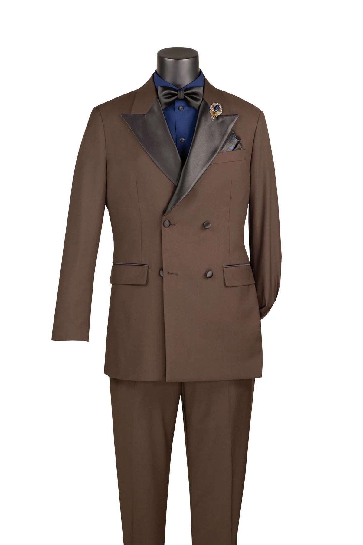 Mens Regular Fit Double Breasted Tuxedo with Satin Lapel and Bow Tie - Brown - 34 Short or Extra Small
