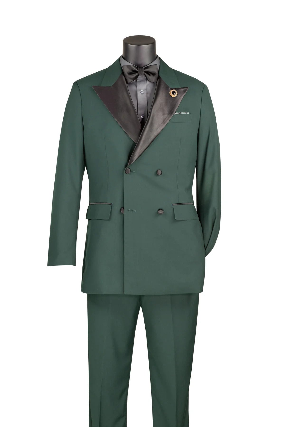 Mens Regular Fit Double Breasted Tuxedo with Satin Lapel and Bow Tie - Hunter Green - 34 Short or Extra Small