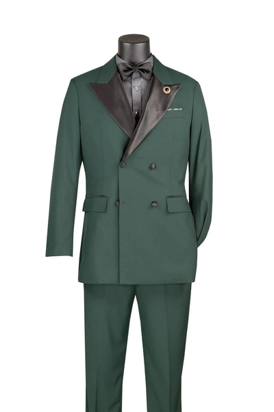 Mens Regular Fit Double Breasted Tuxedo with Satin Lapel and Bow Tie - Hunter Green