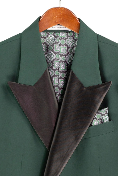 Mens Regular Fit Double Breasted Tuxedo with Satin Lapel and Bow Tie - Hunter Green