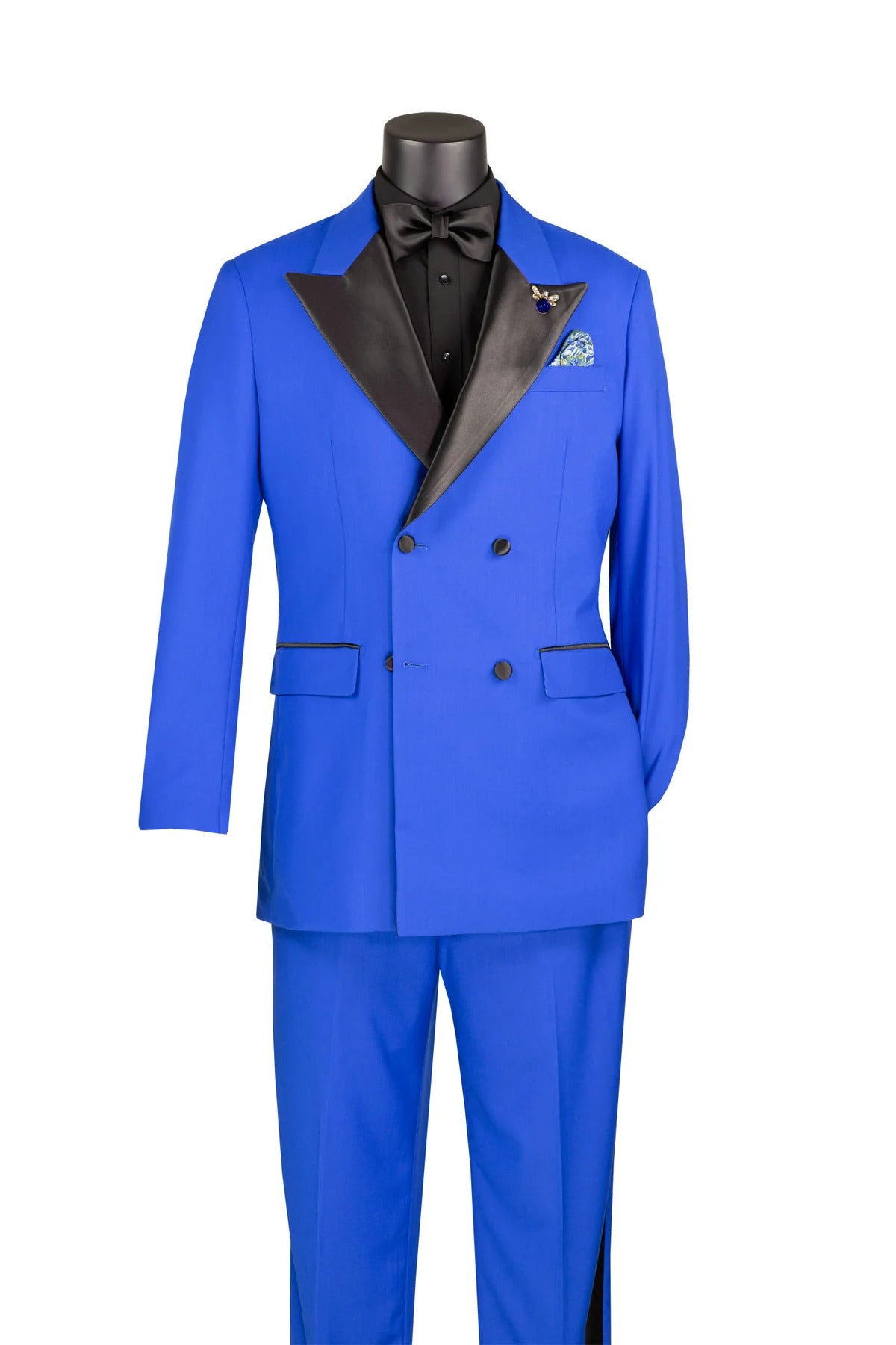 Mens Regular Fit Double Breasted Tuxedo with Satin Lapel and Bow Tie - Royal Blue - 34 Short or Extra Small