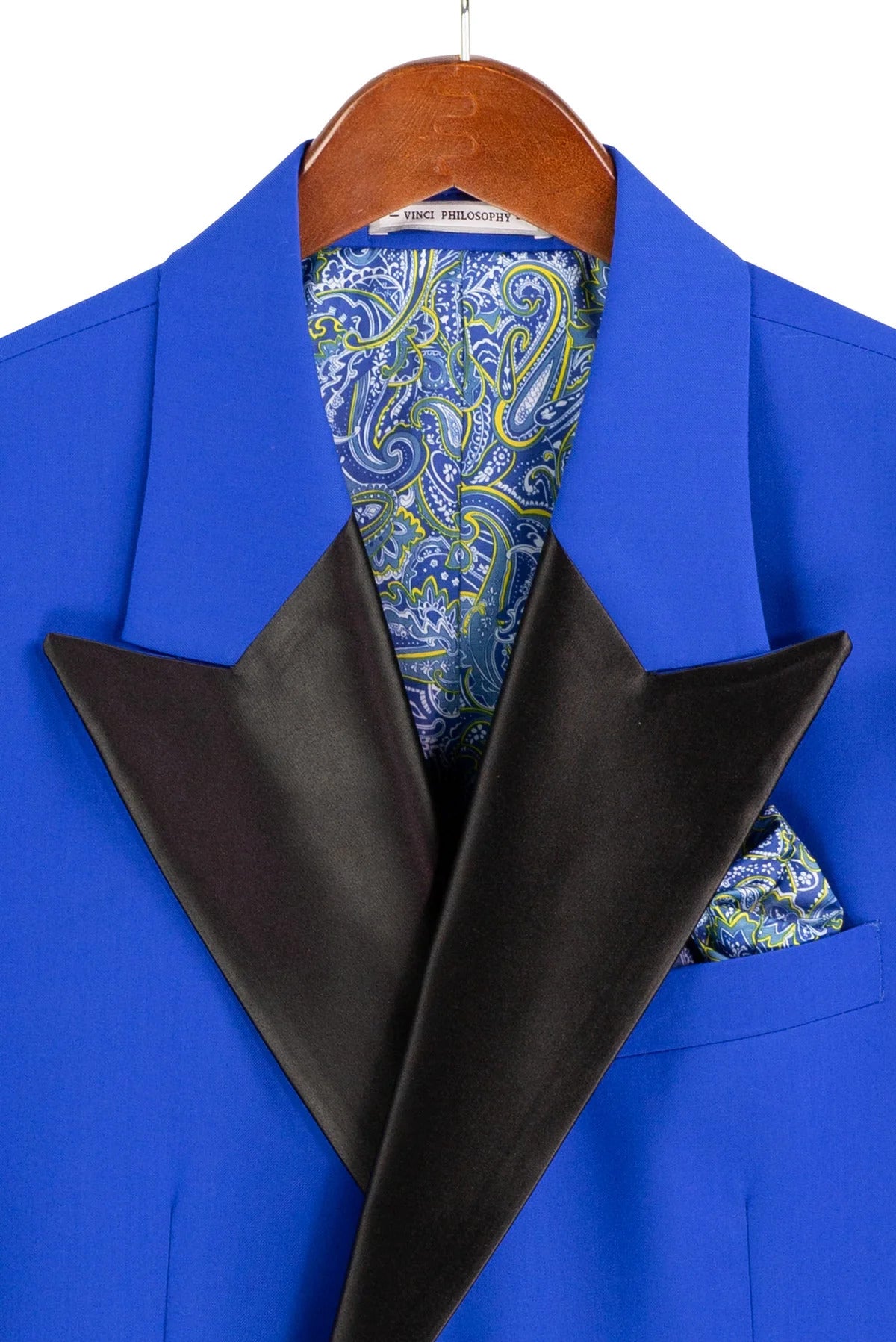 Mens Regular Fit Double Breasted Tuxedo with Satin Lapel and Bow Tie - Royal Blue - 34 Short or Extra Small