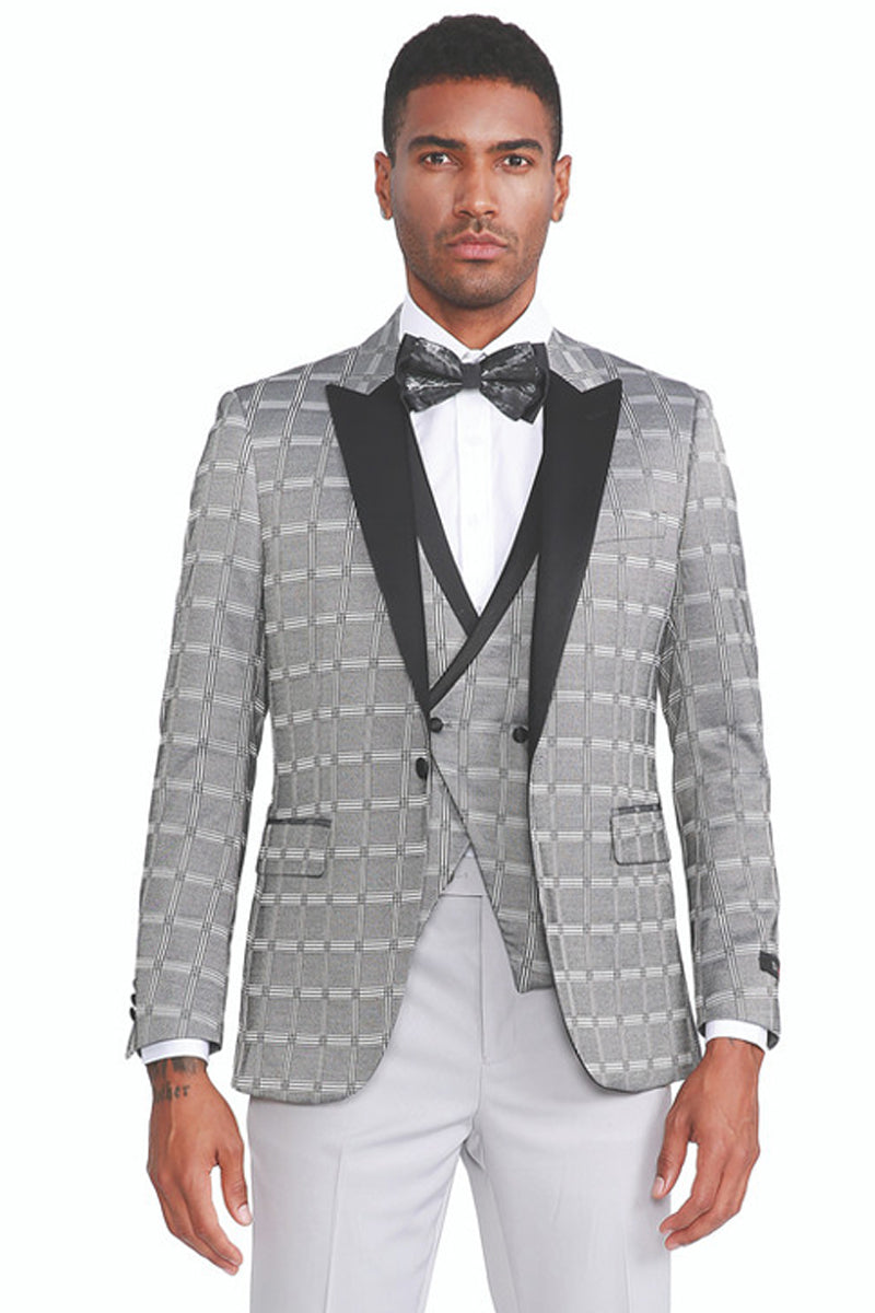 "Silver Grey Plaid Men's Tuxedo with Peak Lapel & Double Breasted Vest"