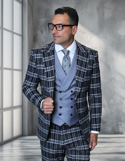 Statement Men's 3 Piece 100% Wool Plaid Suit - Modern Fit