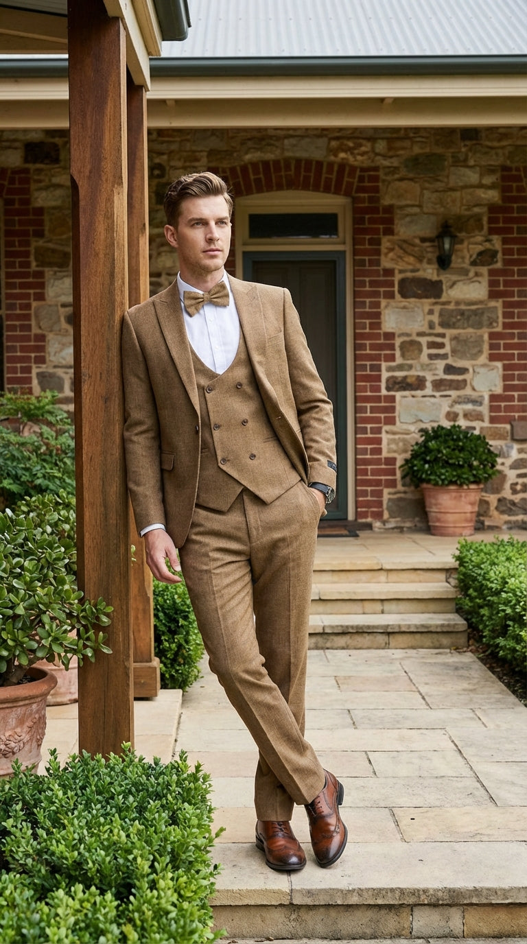 Mens Mocca Brown Taupe textured 1920s Great Gatsby Inspired Suit – Vintage Three Piece Retro Formal Suit Peak Lapel - 34 Short or Extra Small