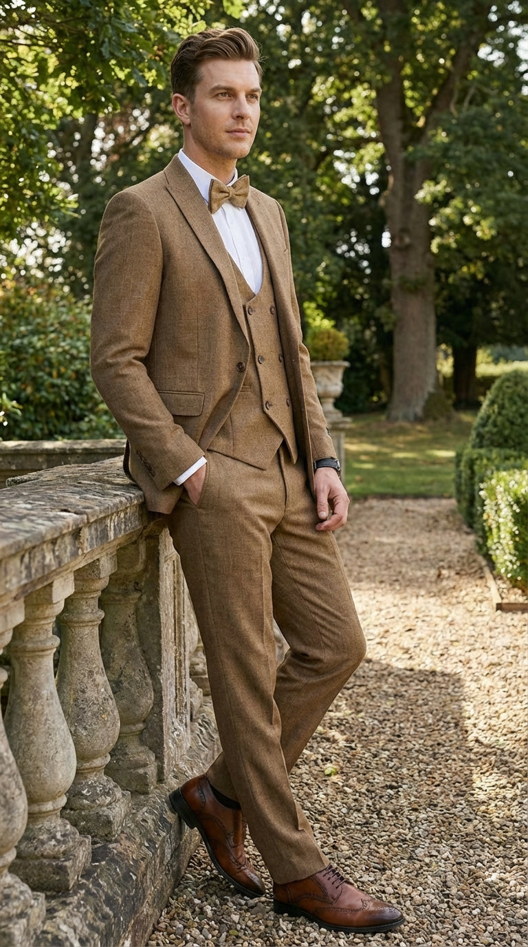 Mens Mocca Brown Taupe textured 1920s Great Gatsby Inspired Suit – Vintage Three Piece Retro Formal Suit Peak Lapel - 34 Short or Extra Small