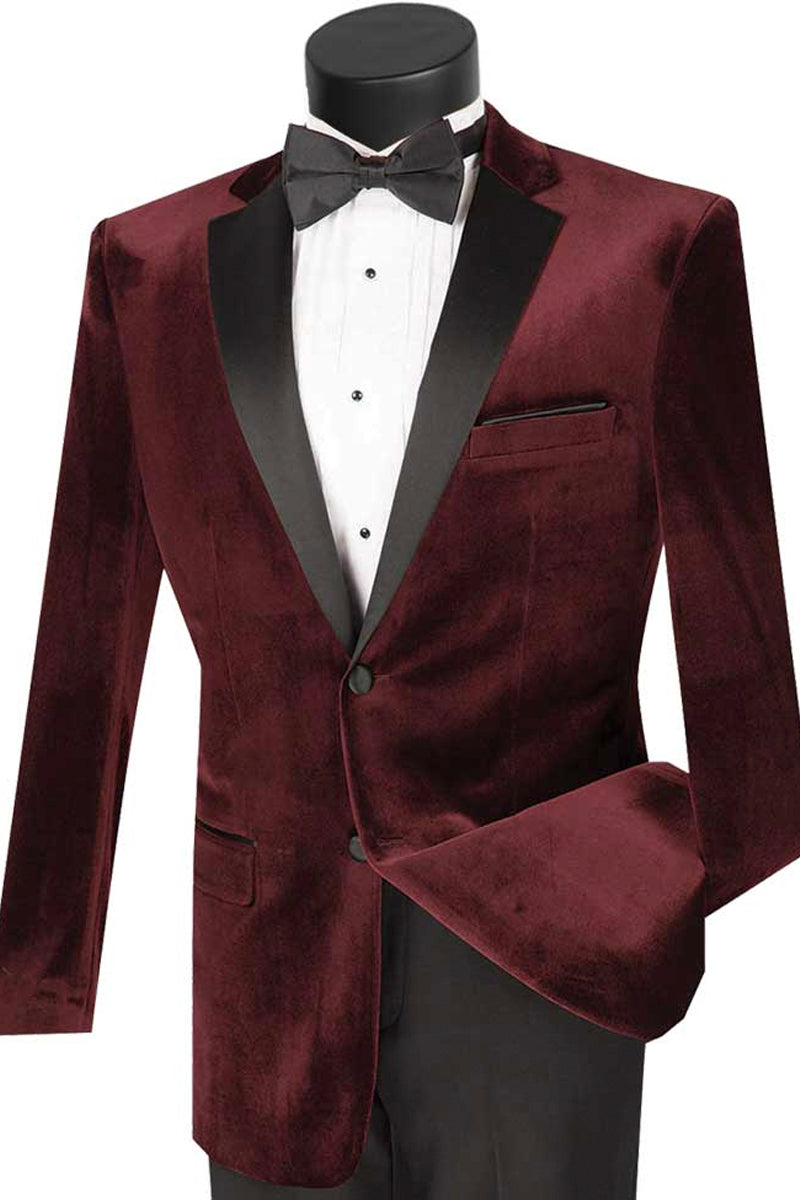 Mens Modern Notch Velvet Tuxedo in Burgundy - 36 Short