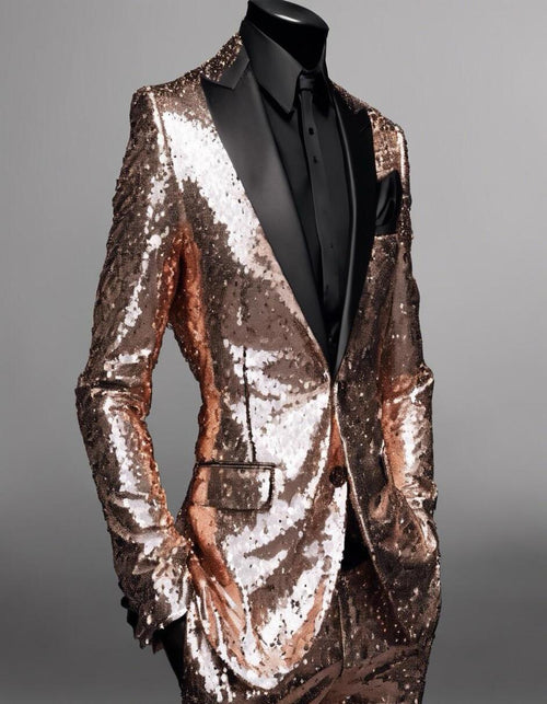 Men's Rose Gold Sequin Tuxedo Suit with Black Satin Lapel â€“ Luxury Slim Fit Blazer for Parties and Events