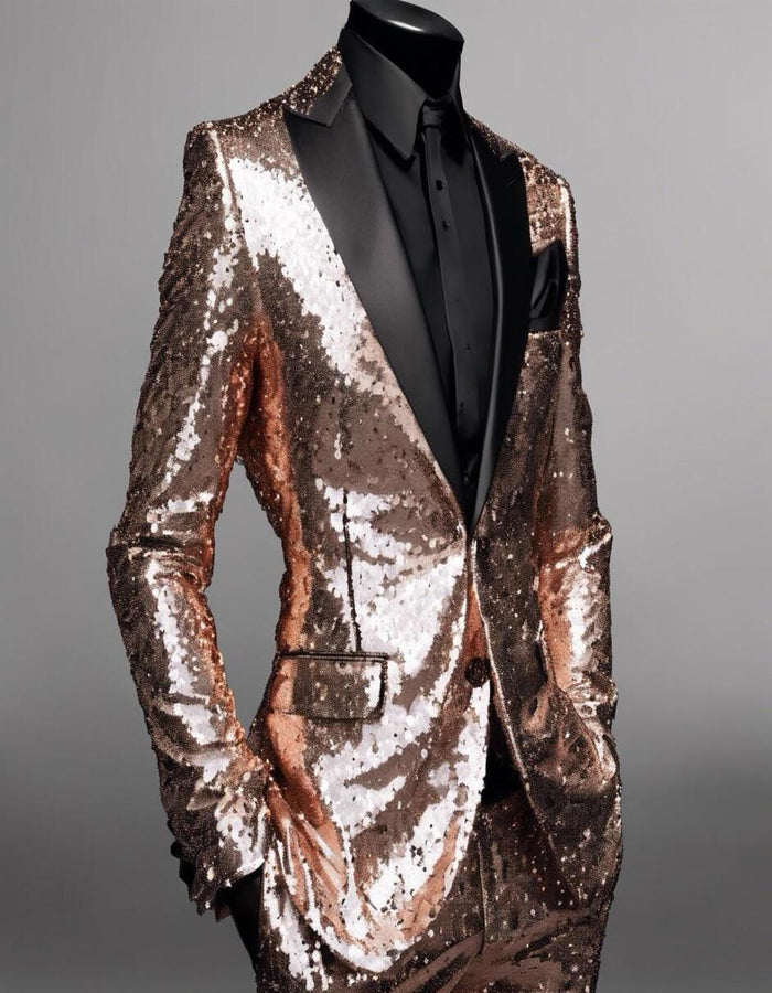 Men's Rose Gold Sequin Tuxedo Suit with Black Satin Lapel â€“ Luxury Slim Fit Blazer for Parties and Events