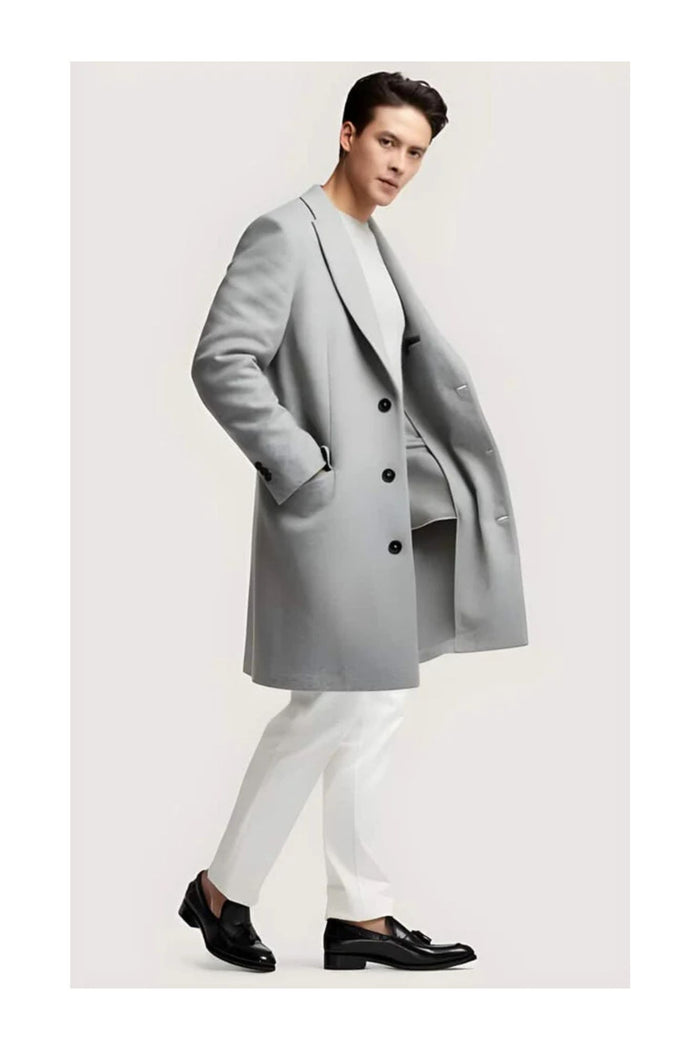 Three Button Light Grey ~ Wine Wool men's Car Coat Mid Length Three quarter length coat ~ Designer men's Wool Peacoat Sale