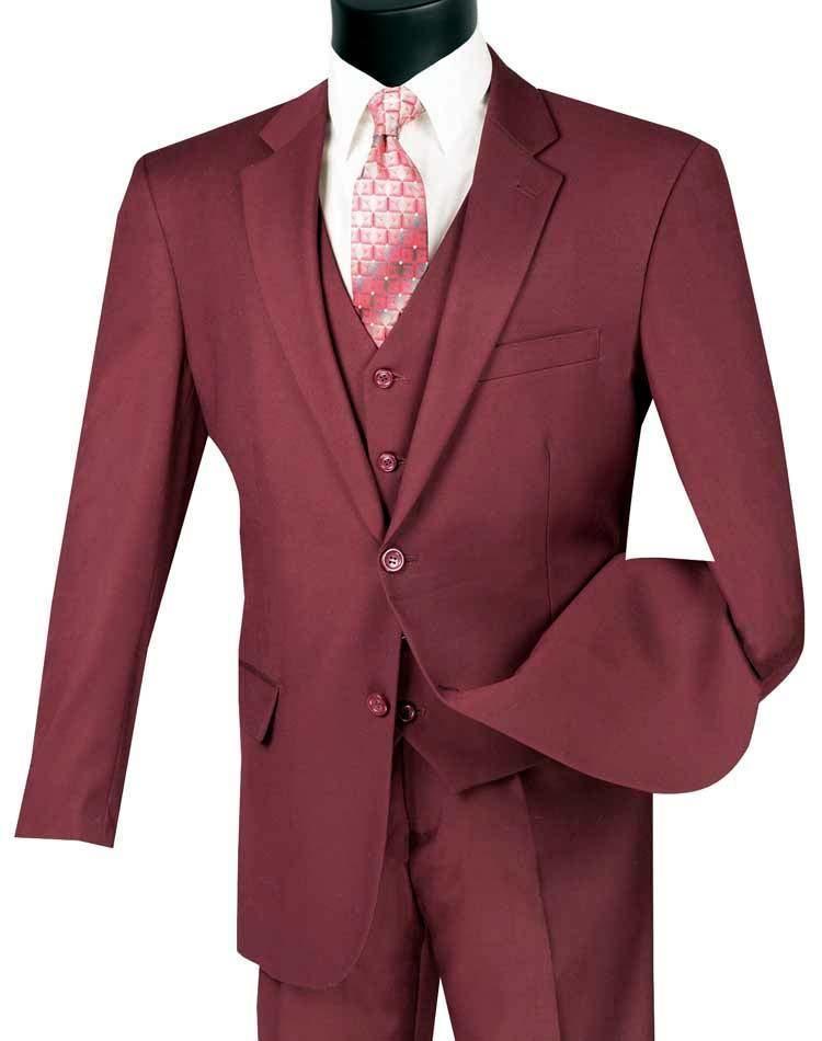 Three Piece Classic Fit Vested Suit Color Maroon - 36 Short  - 30 Waist