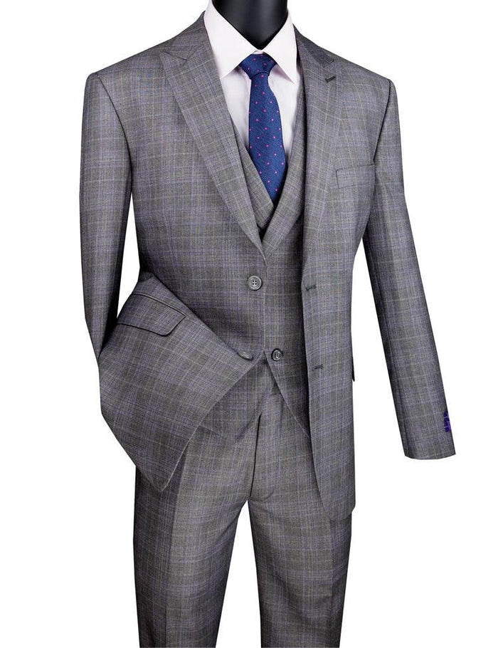 Men’s Gray Glen Plaid 3 Piece Suit with Jacket, Vest and Pants, Formal Wedding Business Dress Suit