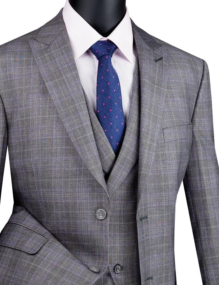 Three Piece Glen Plaid Gray Suit - 36 Short  - 30 Waist