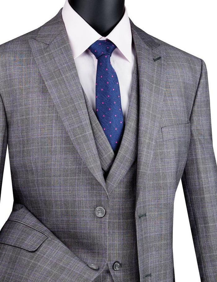 Men’s Gray Glen Plaid 3 Piece Suit with Jacket, Vest and Pants, Formal Wedding Business Dress Suit