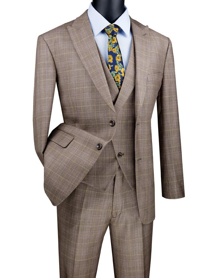 Three Piece Glen Plaid Tan Suit - 36 Short  - 30 Waist